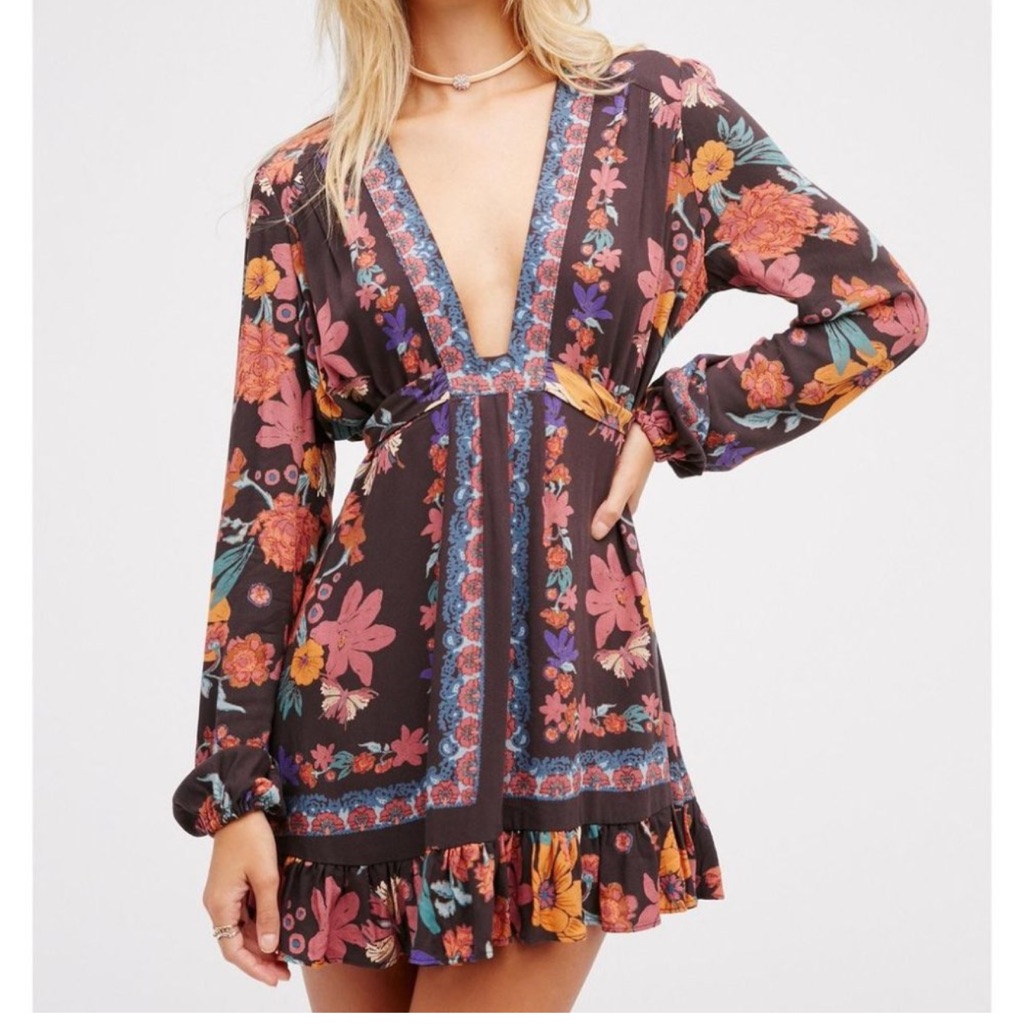 Free People Floral Tunic Or Mini Dress - Brown Orange, Blue, Low V-Neck Euc